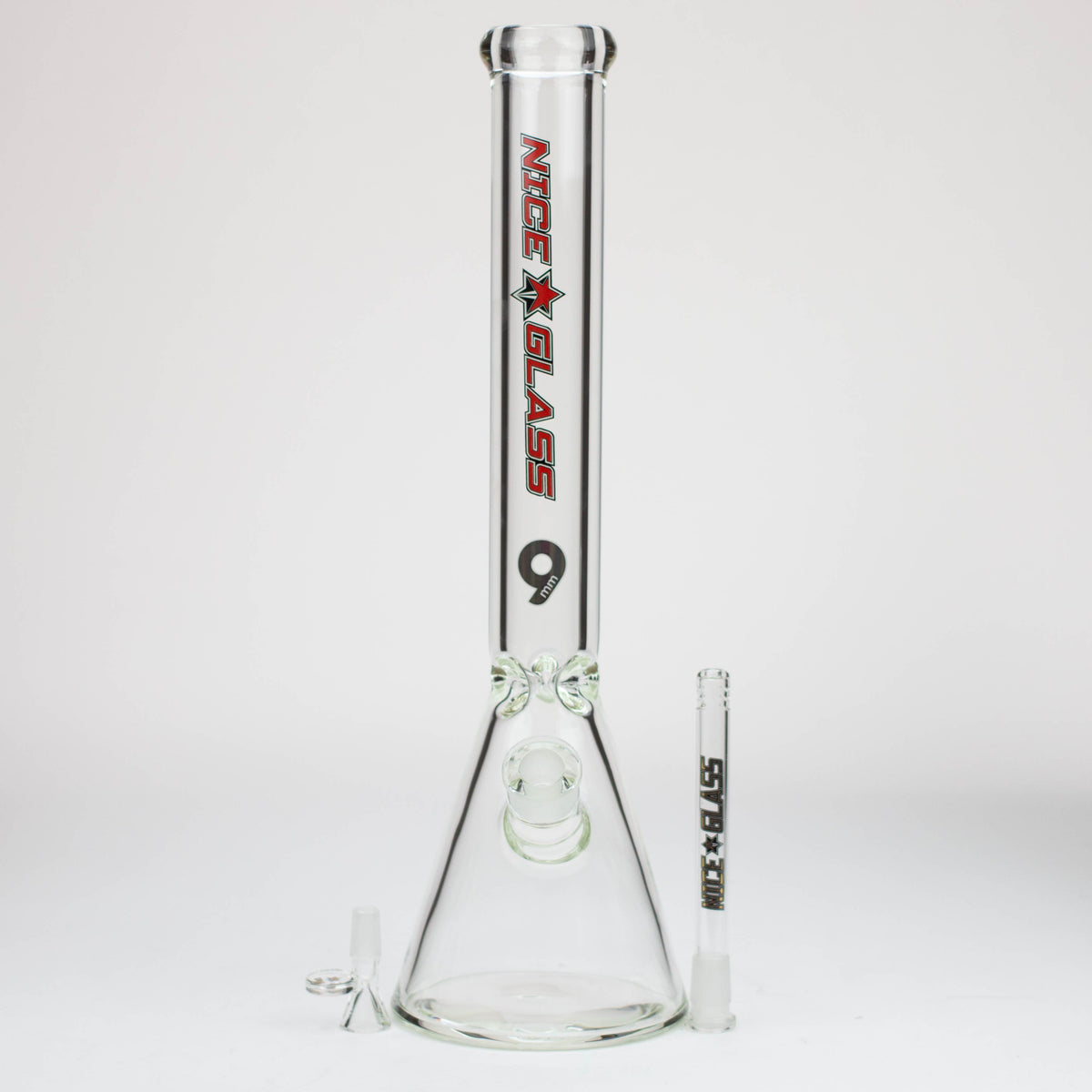 Disassembled three-piece 18-Inch Nice Glass Beaker Bong.