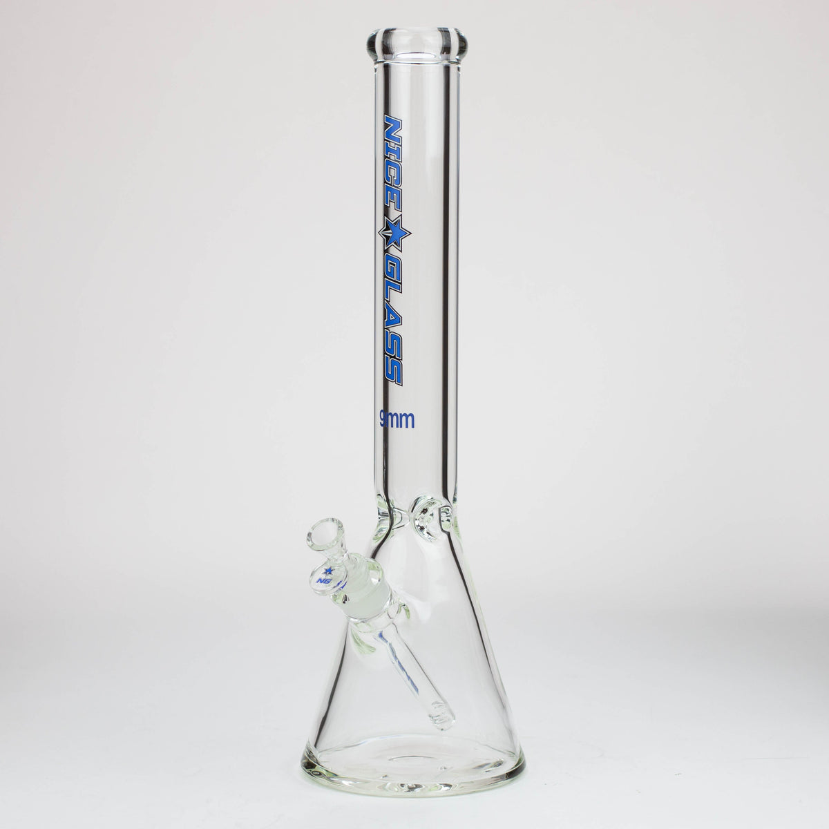 Blue 18-Inch Nice Glass Beaker Bong viewed from angle.