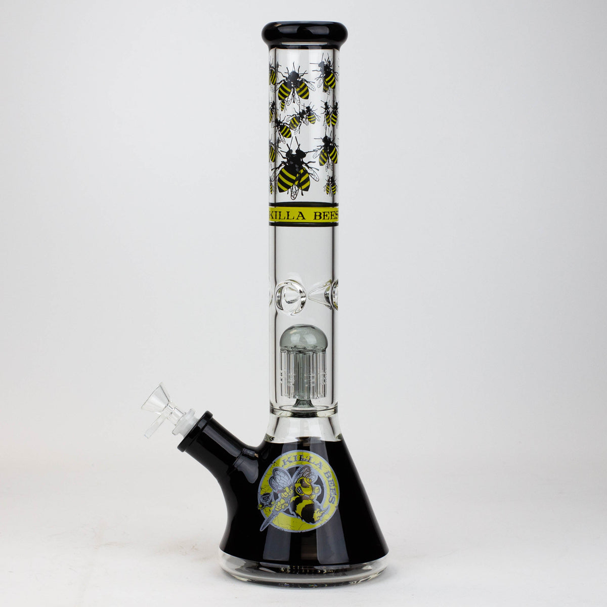 Side view of the PROTECT YA NECK- 15.5 inch 7 Tree Arm Percolator Bong in Black