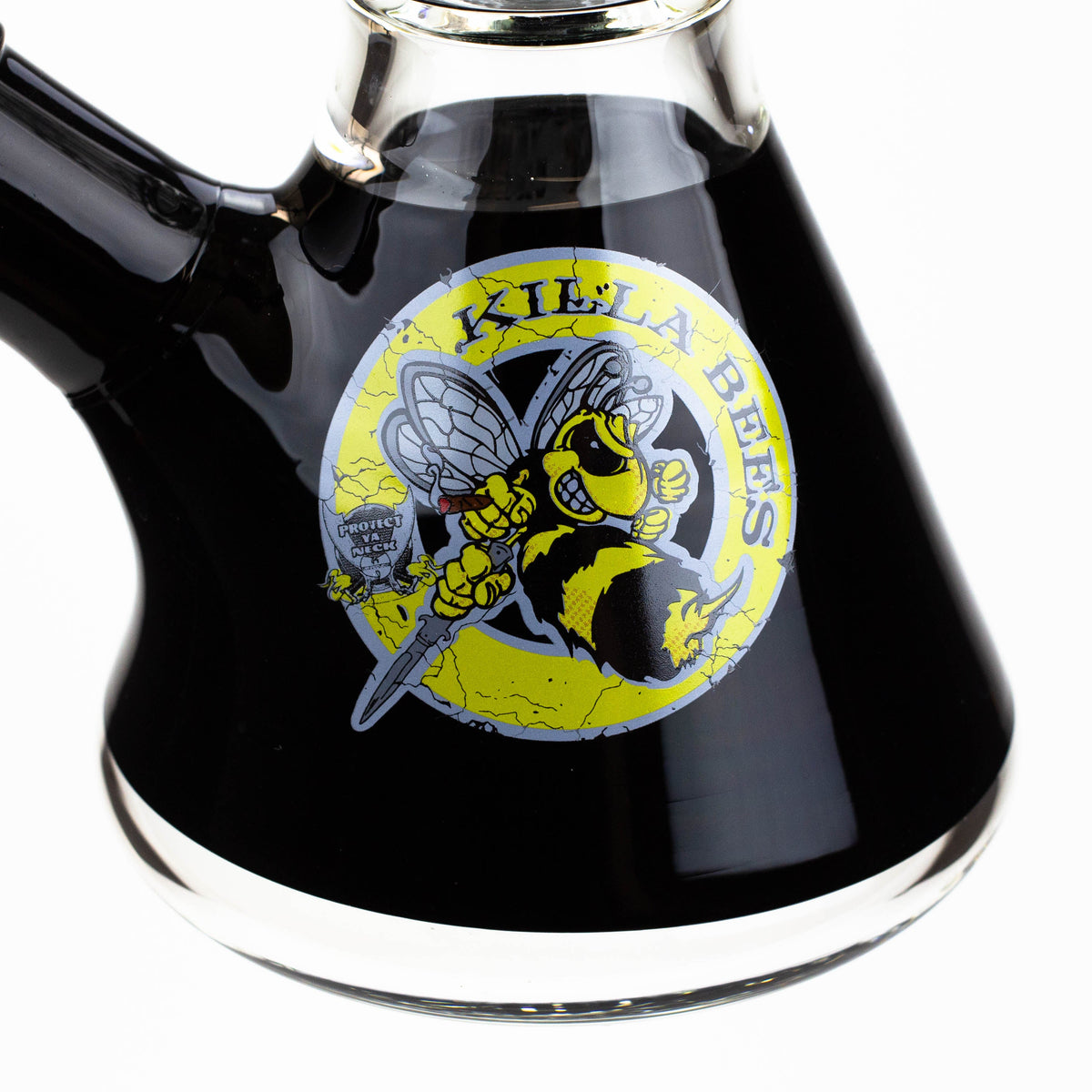 Base View with the Killa Bees Logo on the PROTECT YA NECK- 15.5 inch 7 Tree Arm Percolator Bong