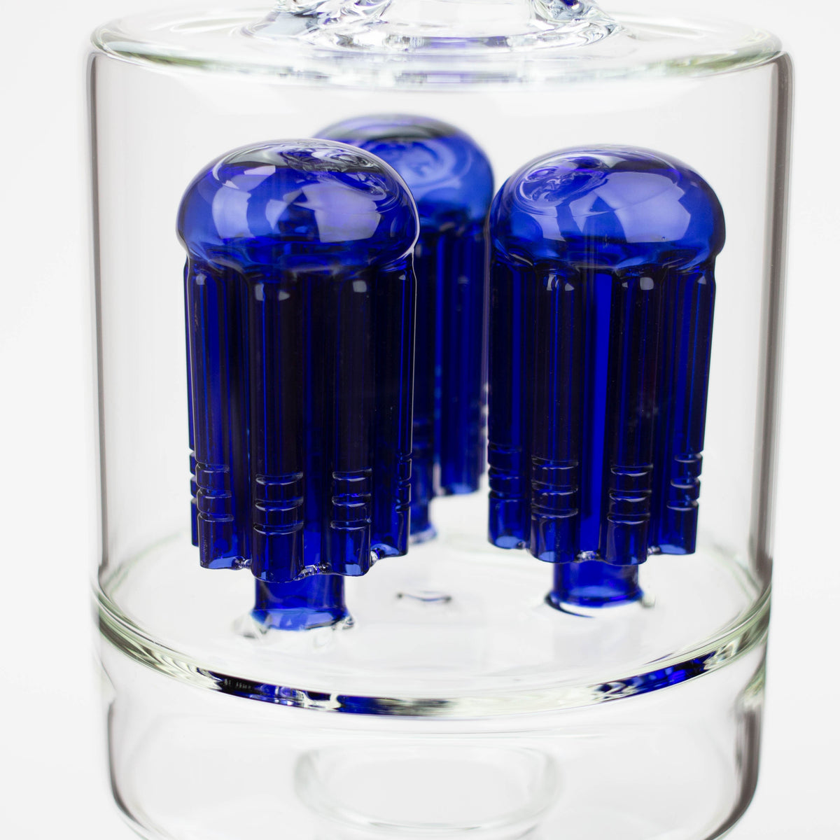 Close Up View of the preemo triple 8 arm Percolator Bong Top in Blue