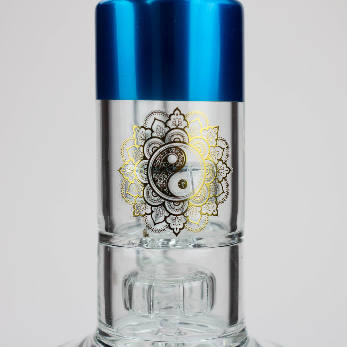 Intricate YinYang Design on the body of the AQUA 12 inch Dual Barrel Diffuser Bong & Dab Rig Hybrid