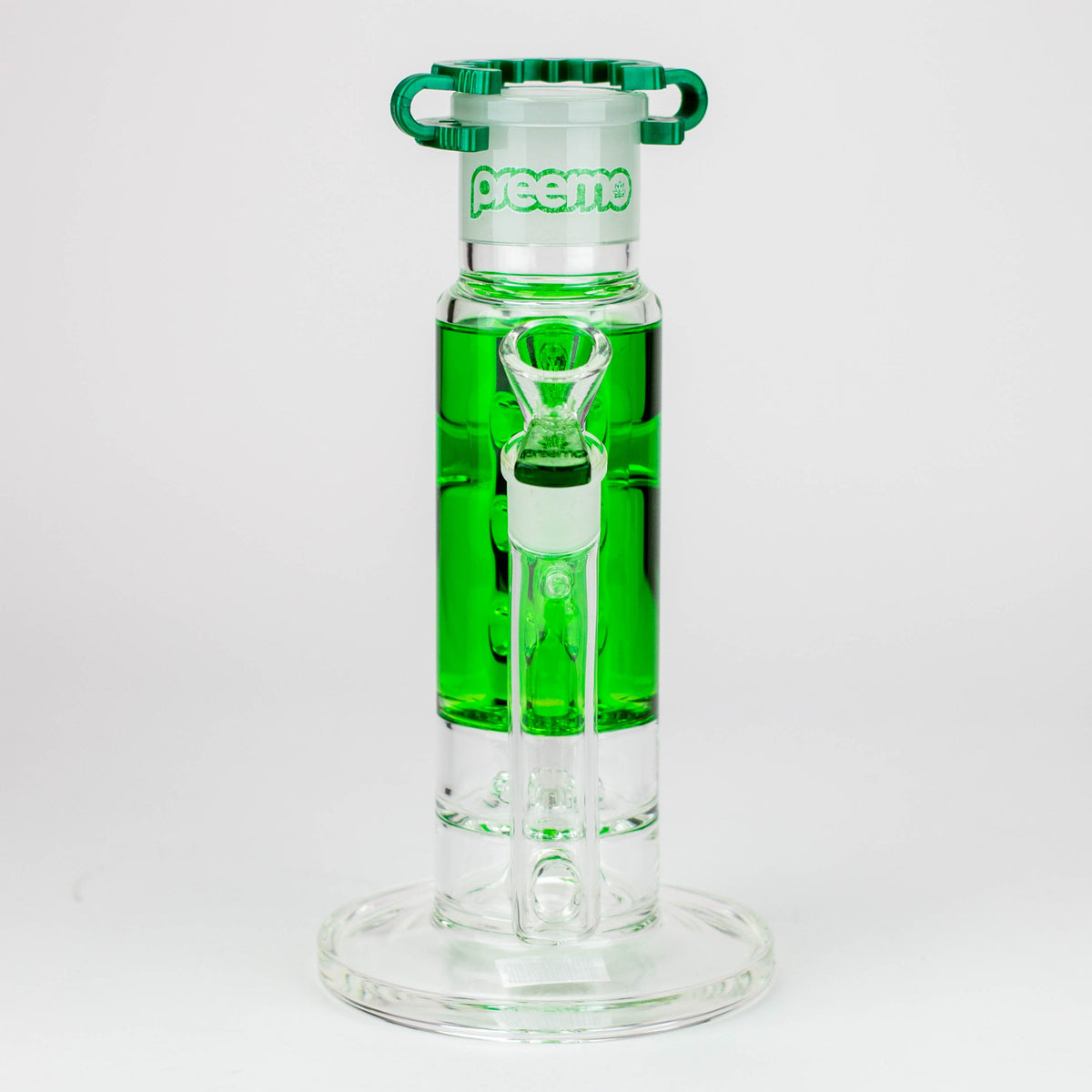 Front View of the Preemo 10-Inch Glycerin Coil Perc Bong with Diffuser In Green