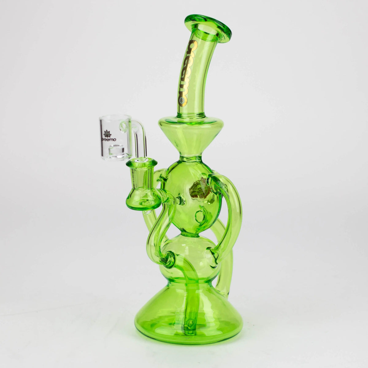 Side view of the Preemo - 11 inch 3-Arm Implosion Marble Recycler Dab Rig in green