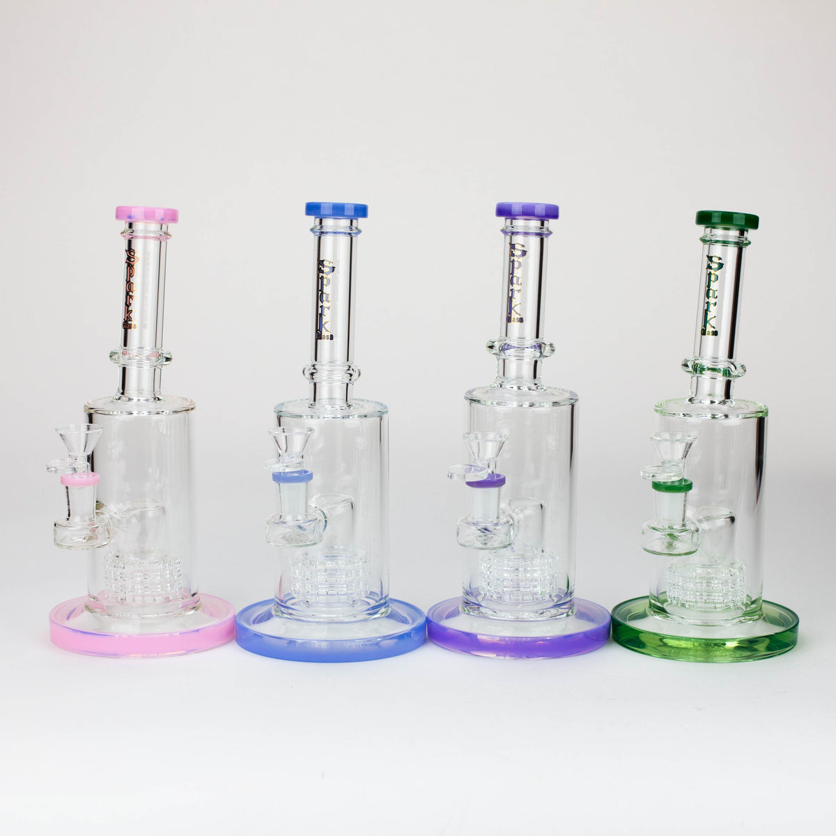 Four 10-Inch SPARK Glass Barrel Diffuser Water Bongs pictured side-by-side.