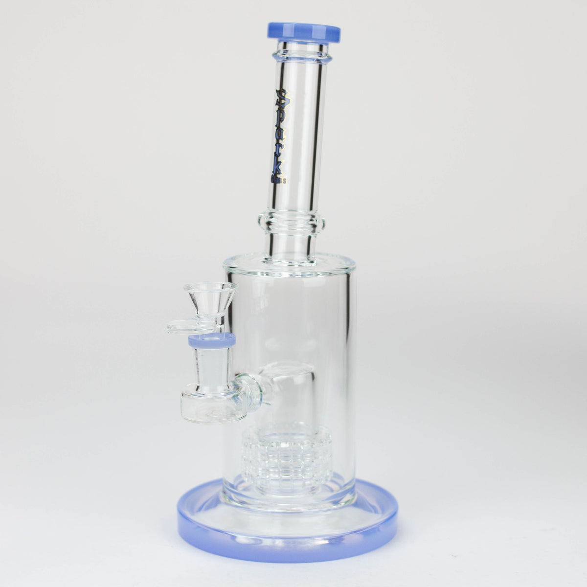 Blue SPARK Glass Barrel Diffuser Water Bong viewed at angle with bowl.