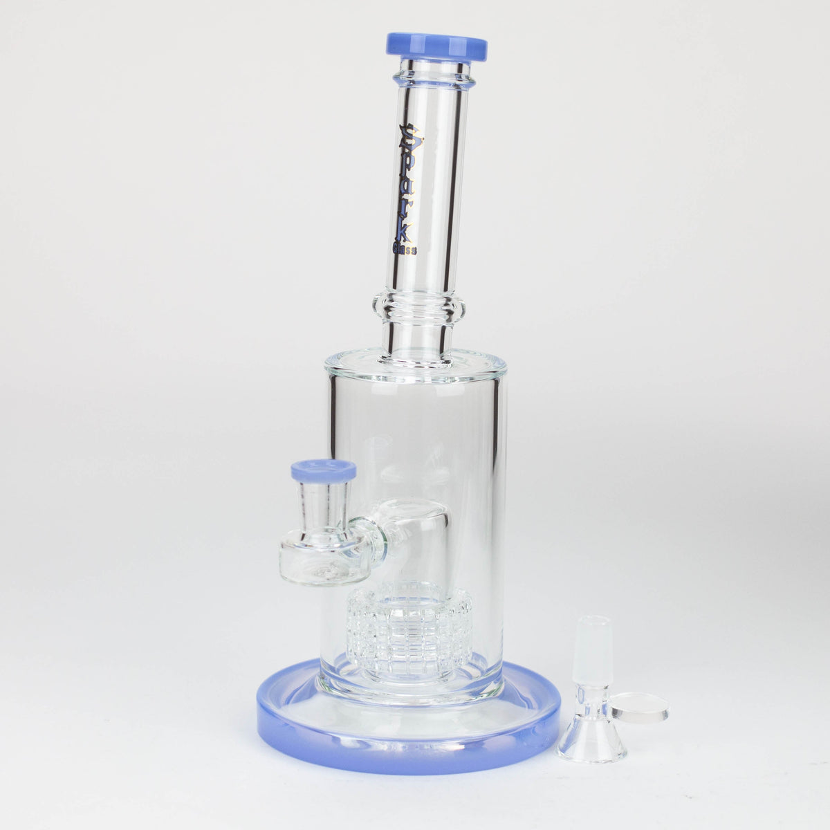 Blue SPARK Glass Barrel Diffuser Water Bong viewed at angle without bowl.