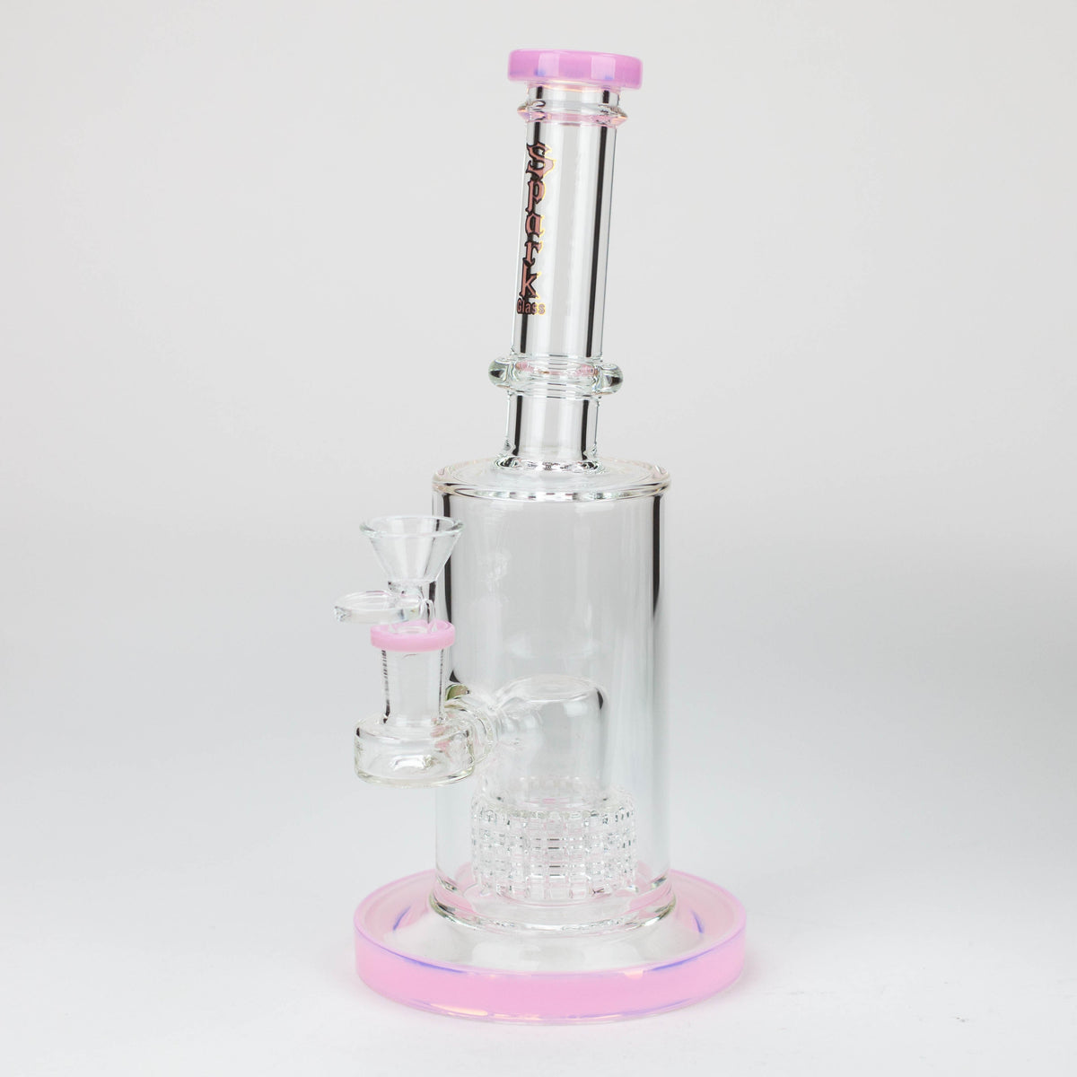 Pink SPARK Glass Barrel Diffuser Water Bong viewed at angle.