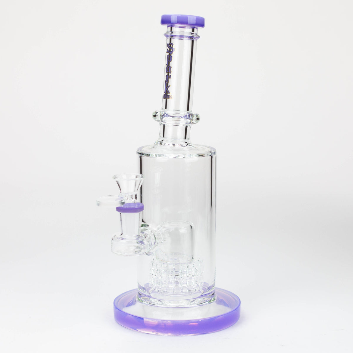 Purple SPARK Glass Barrel Diffuser Water Bong viewed at angle.