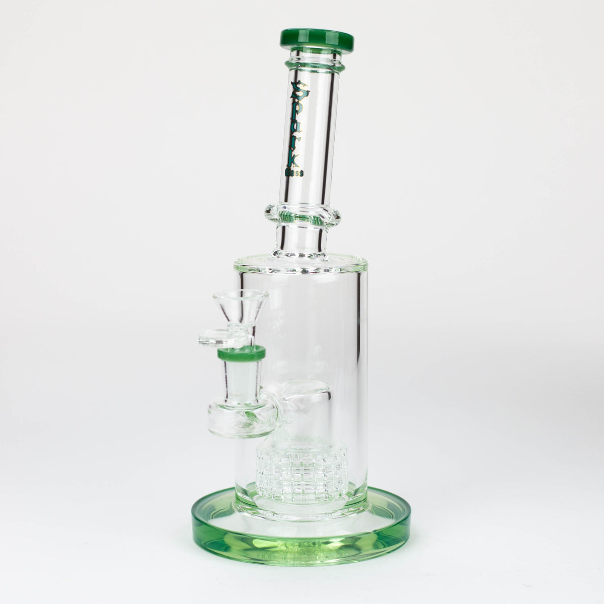 Green SPARK Glass Barrel Diffuser Water Bong viewed at angle.