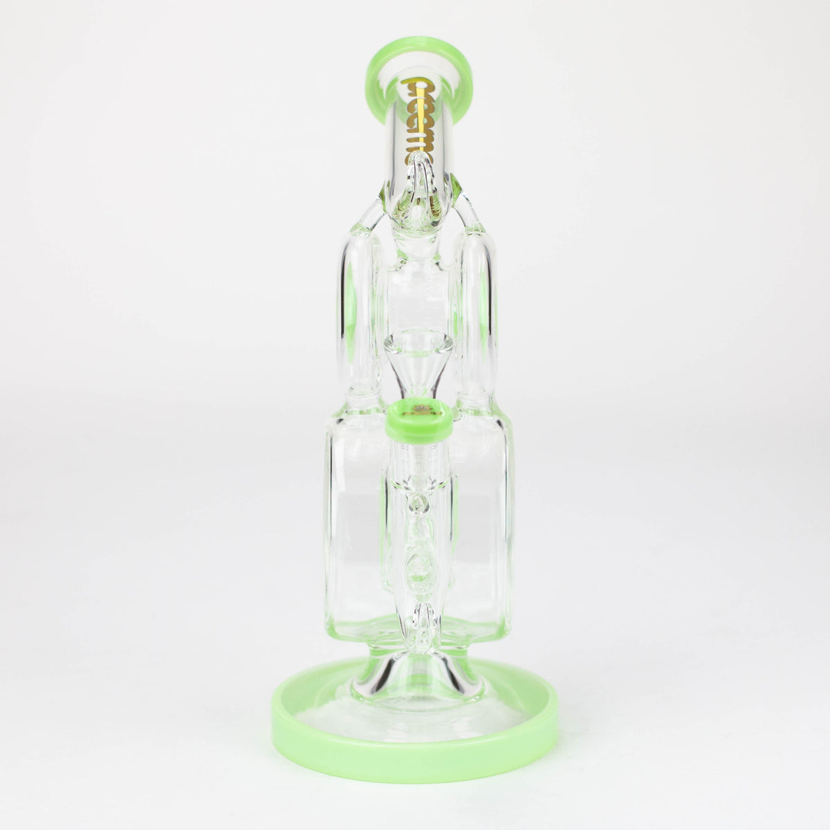 Front View of the Preemo 10 inch Double Drum Bubbler Bong in Green