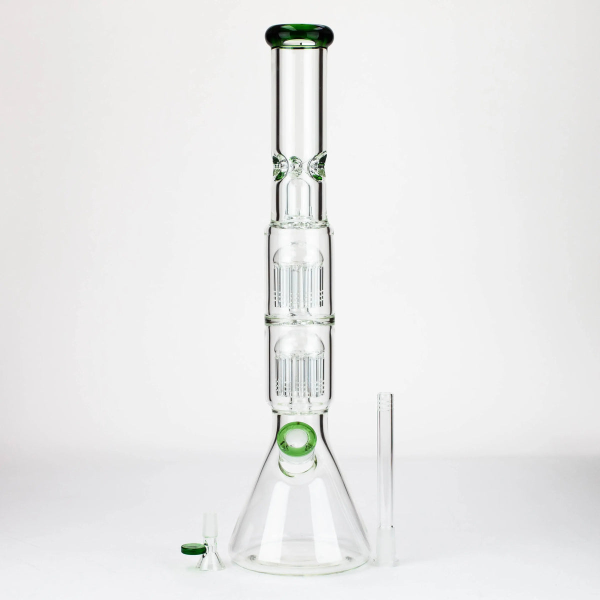 Full View of the 19" Dual 8 Arm Percolator Bong with Bowl Piece and Down Stem