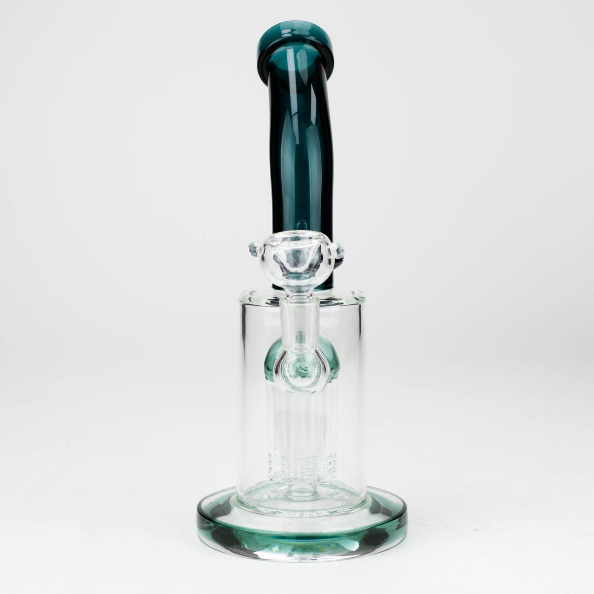 Front View of the 9.5" Tree-Arm Diffuser Bent Neck Glass Perc Bong with Bowl Piece