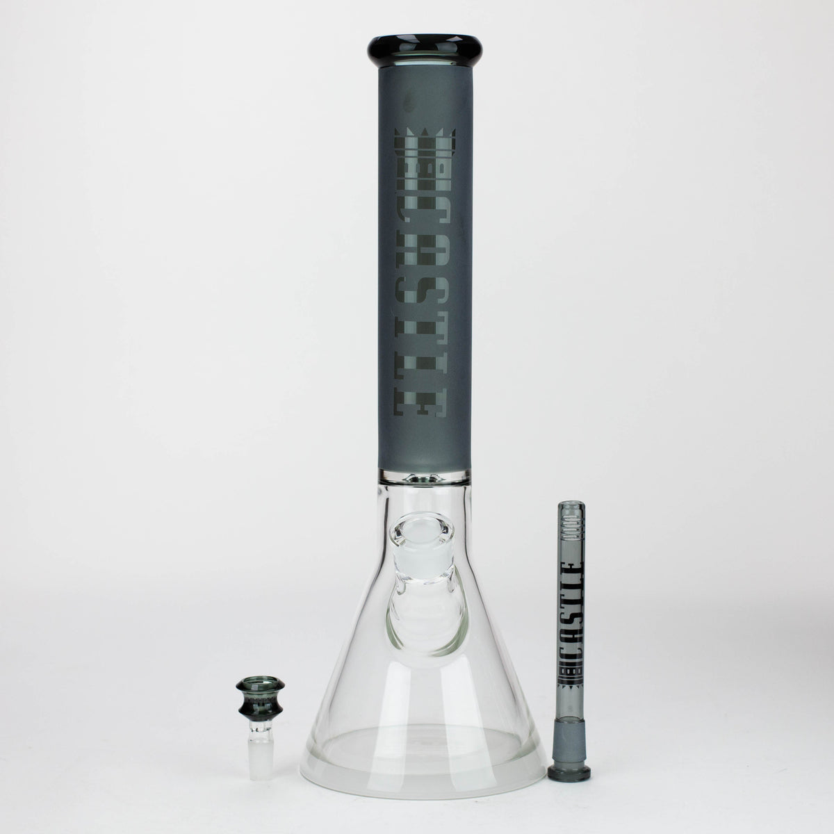 Full view of the Castle Glassworks 16" Frosted Tube Beaker Bong in Gray