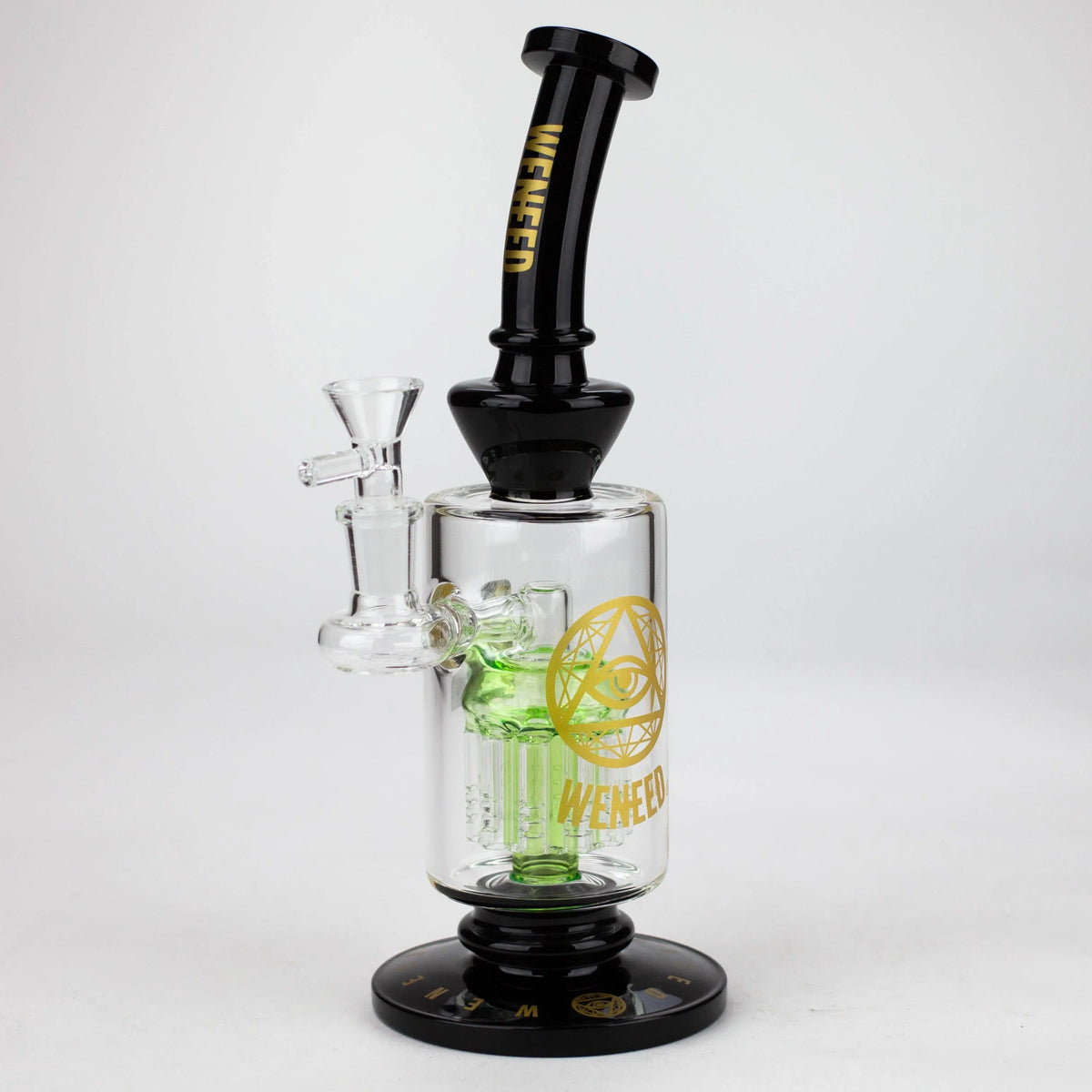 Black WENEED hand blown 10.5-Inch glass bong viewed from side angle.