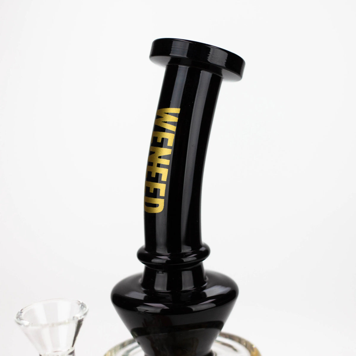 Up-close view of black WENEED hand blown 10.5-Inch glass bong mouthpiece.