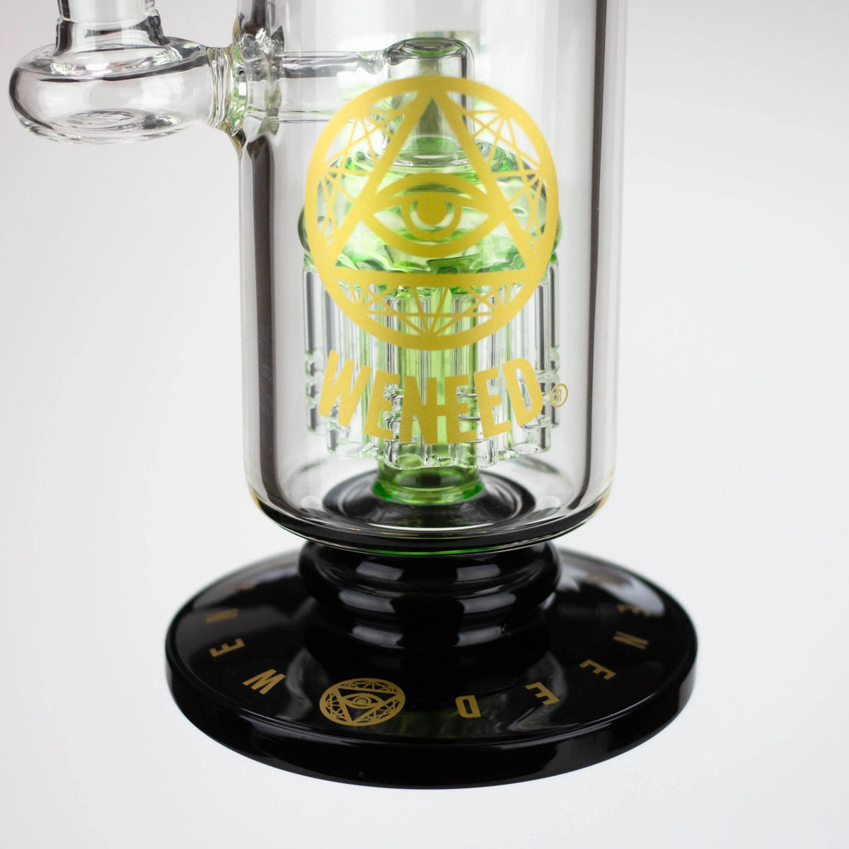 Up-close frontal view of WENEED hand blown 10.5-Inch glass bong base.