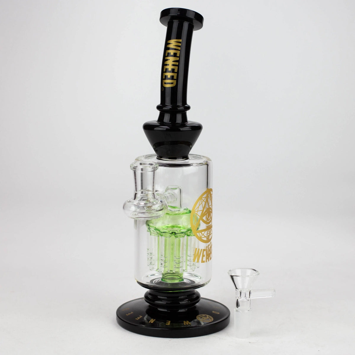 Black WENEED hand blown 10.5-Inch glass bong viewed at angle.