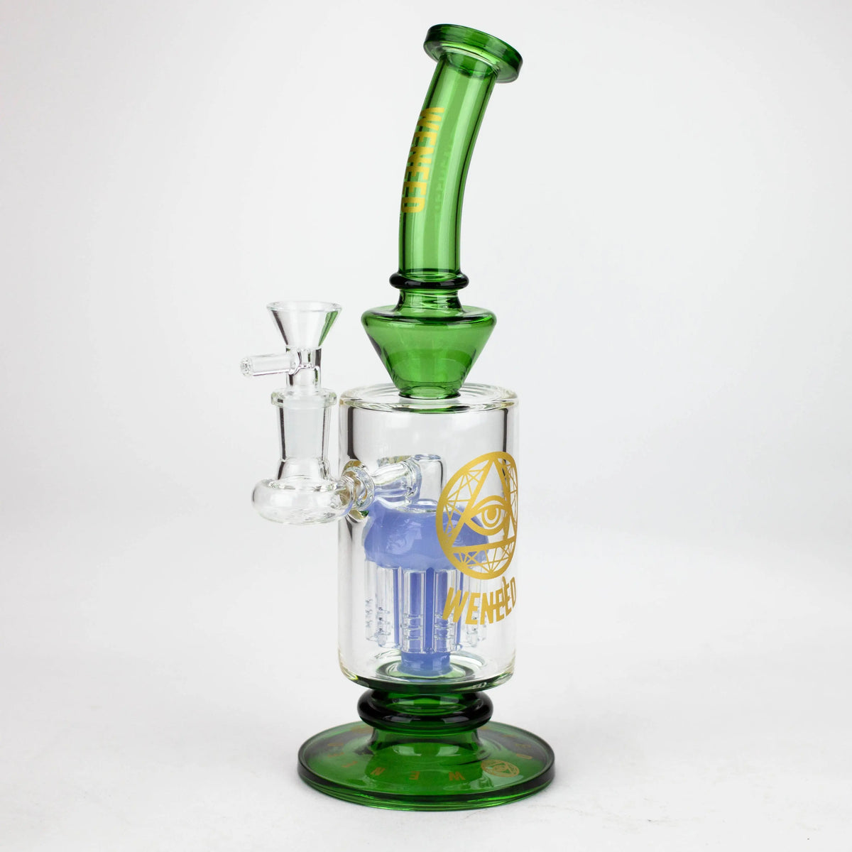 Green WENEED hand blown 10.5-Inch glass bong viewed from side.