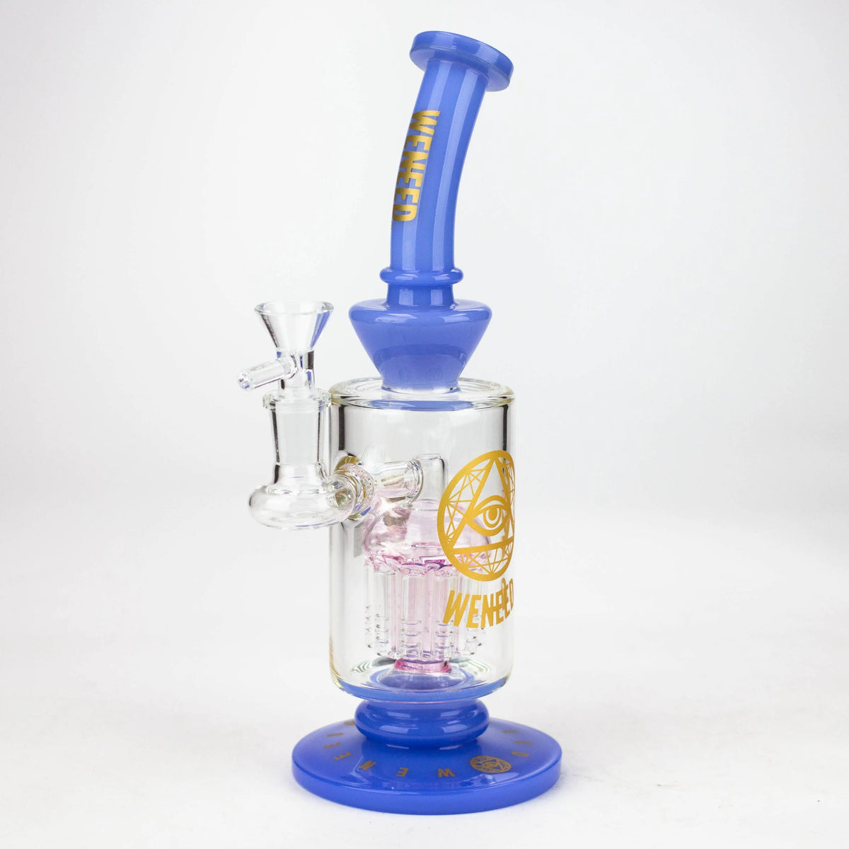 Blue WENEED hand blown 10.5-Inch glass bong viewed from side.