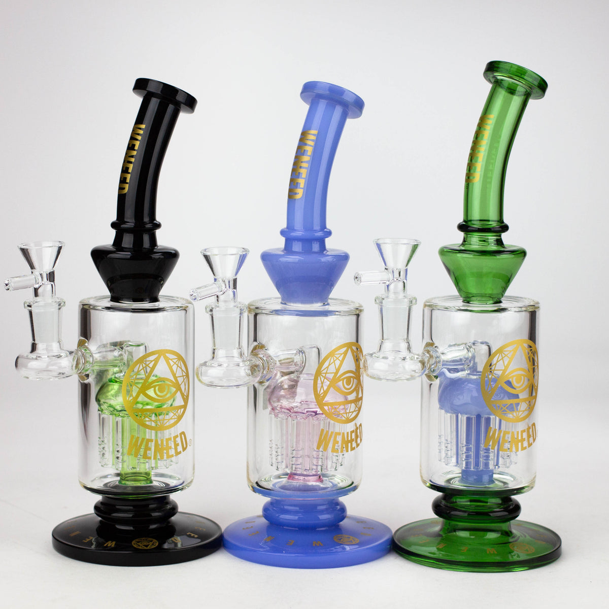 One back, one green, and one blue WENEED hand blown 10.5-Inch glass bongs viewed from front.