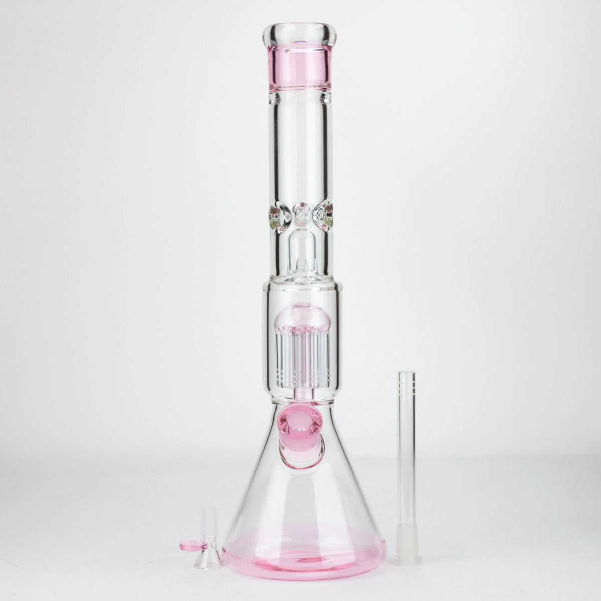 8-Arm Tree Perc Beaker Bong in Pink with bowl piece and downstem