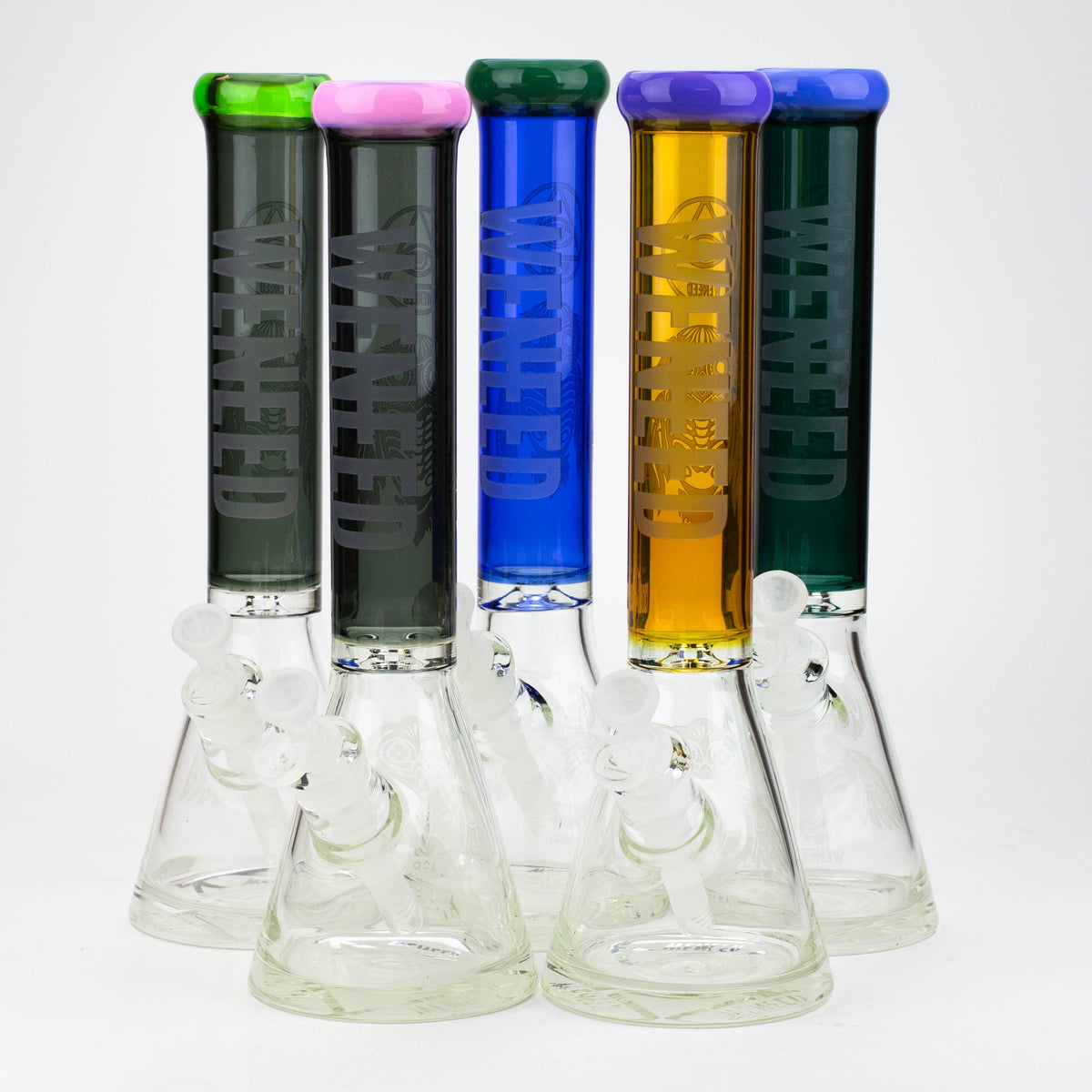 Five WENEED® 15-inch glass beaker bongs viewed from front.