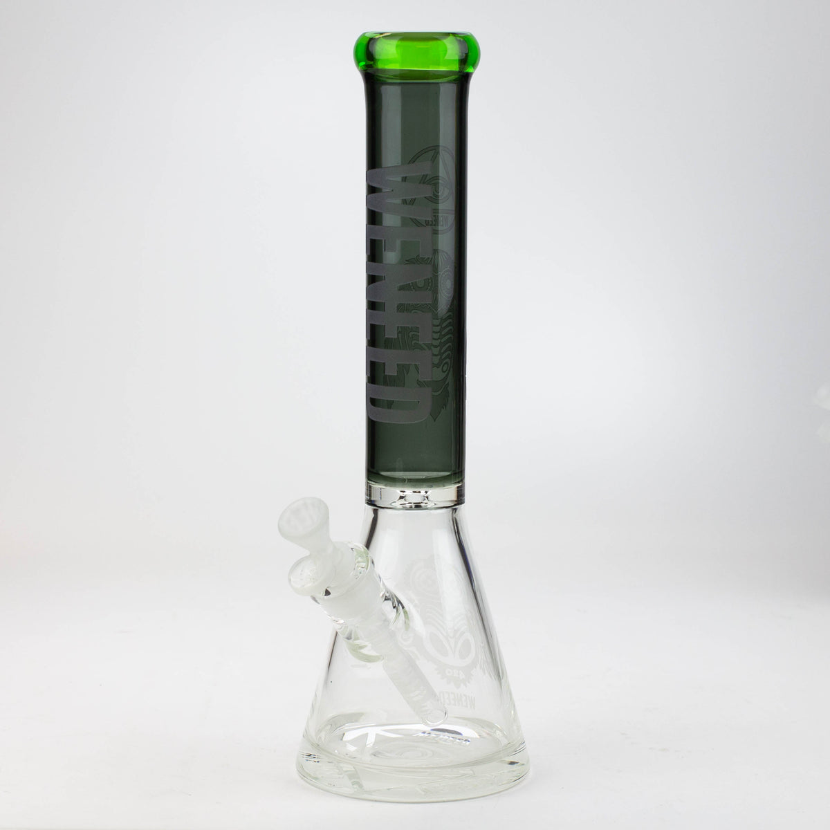 Black and green WENEED® 15-inch glass beaker bong viewed from front angle.