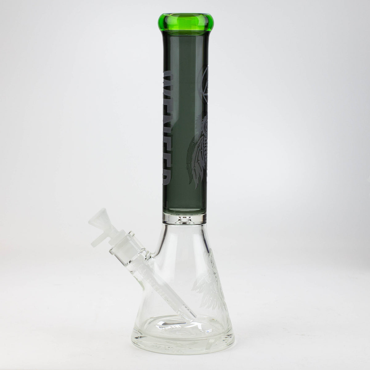 Black and green WENEED® 15-inch glass beaker bong viewed from side.