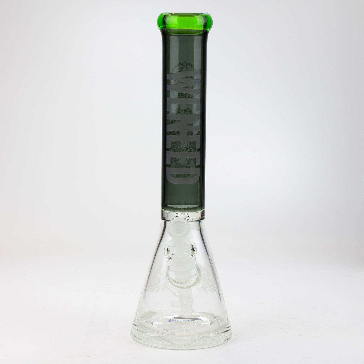 Black and green WENEED® 15-inch glass beaker bong viewed from front.