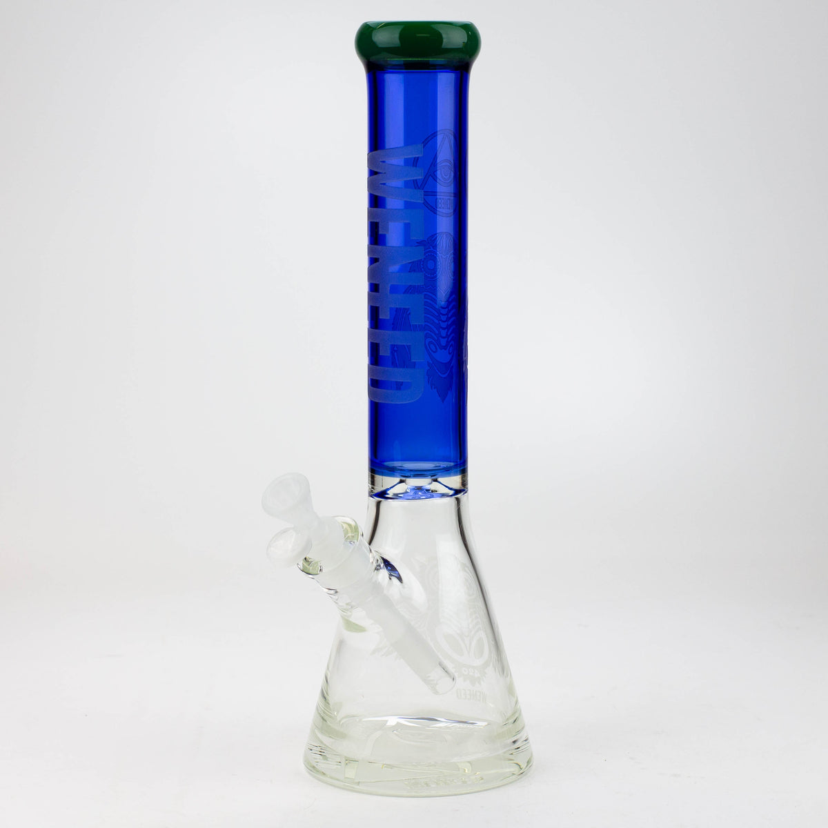 Blue and green WENEED® 15-inch glass beaker bong viewed from front.