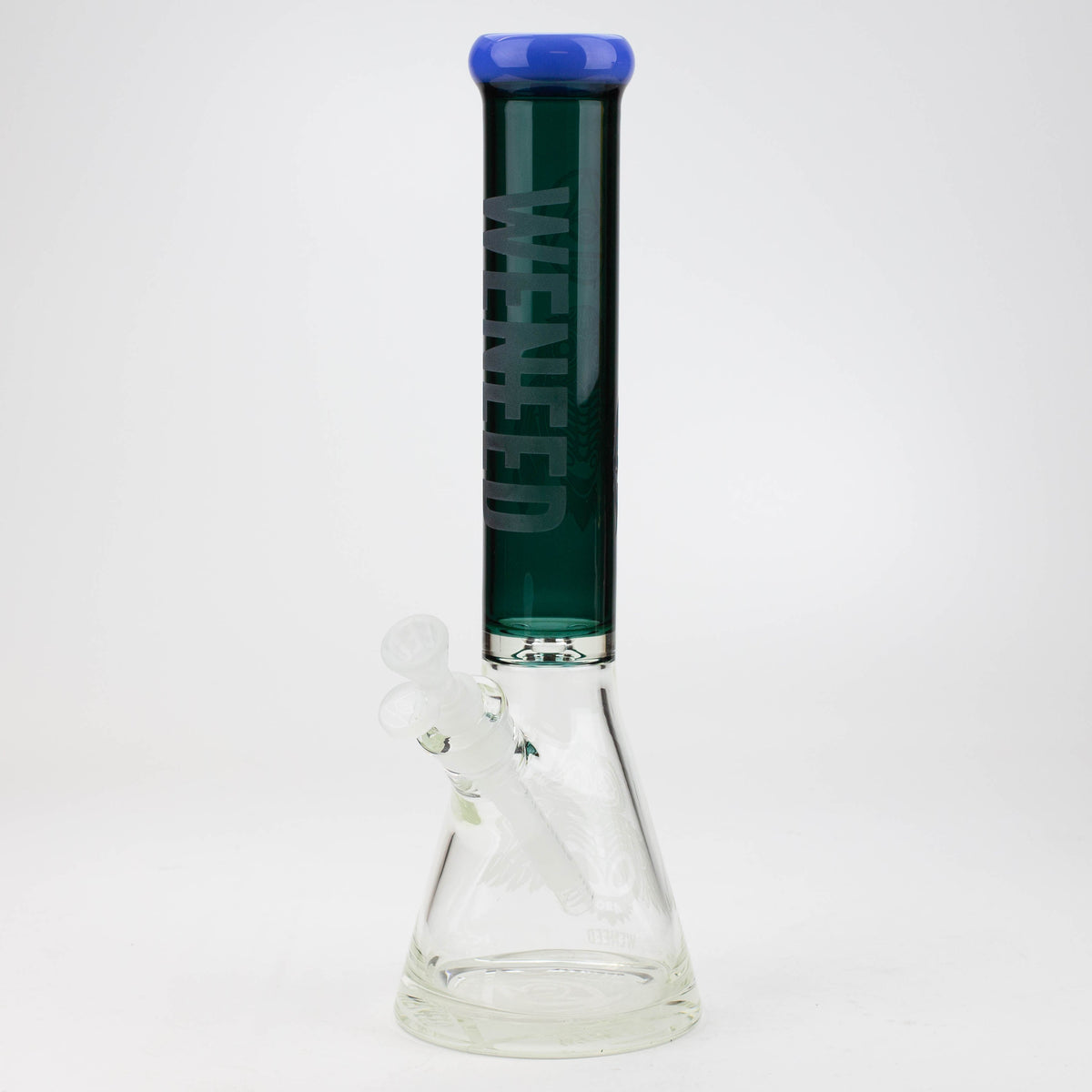 Green and blue WENEED® 15-inch glass beaker bong viewed from front.