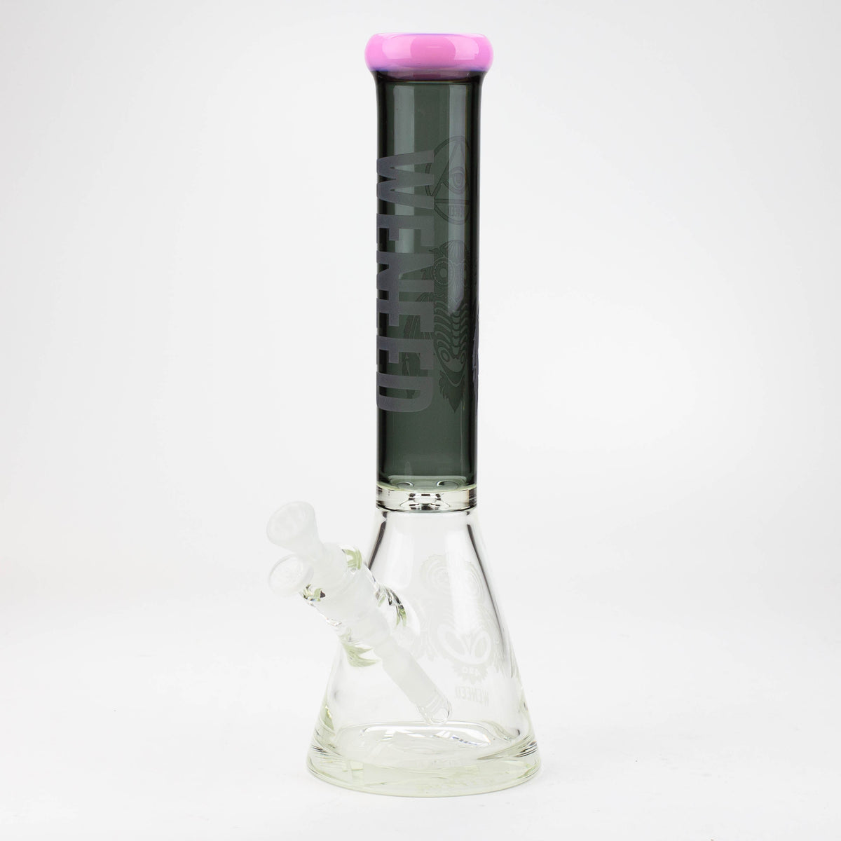 Pink and black WENEED® 15-inch glass beaker bong viewed from front.