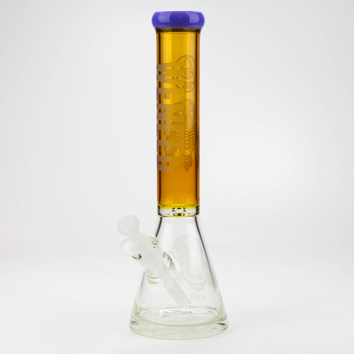 Purple and yellow WENEED® 15-inch glass beaker bong viewed from front.