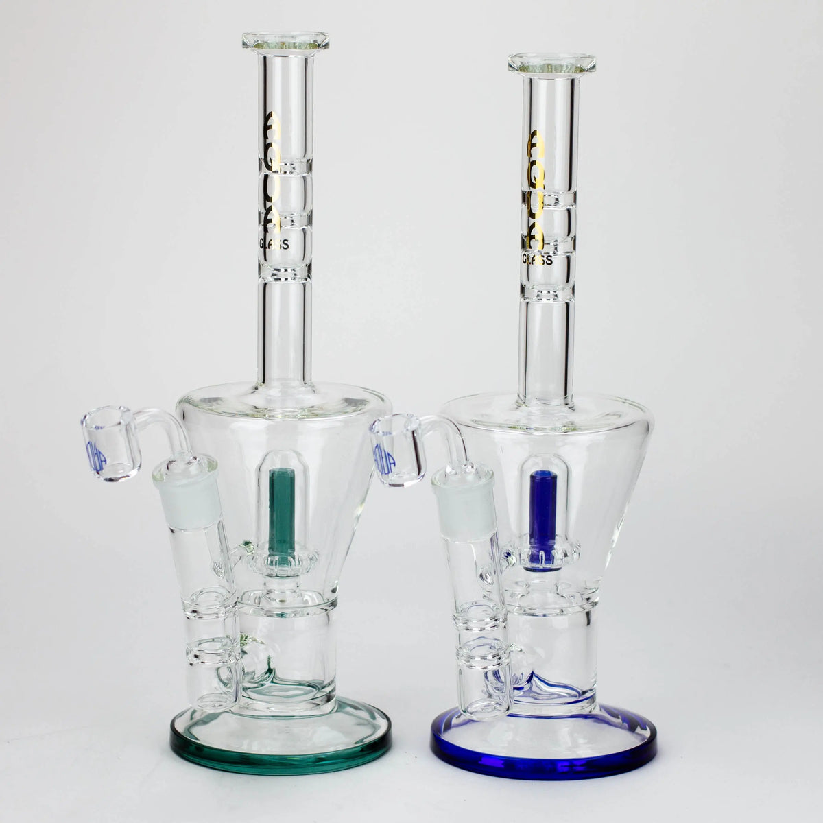 Two AQUA Glass 14 inch Showerhead Perc Dab Rig Hyrbids