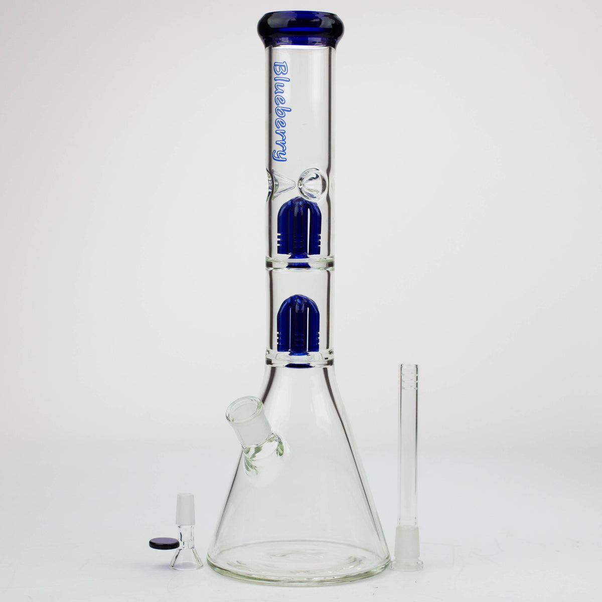 15 Inch Double Tree Perc Beaker Bong with downstem and bowl piece from Blueberry Glass