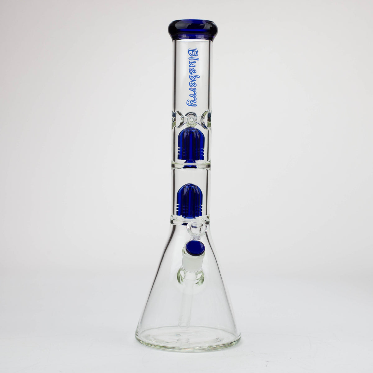 Front View of the 15" Double Tree Perc Beaker Bong from Blueberry Glass