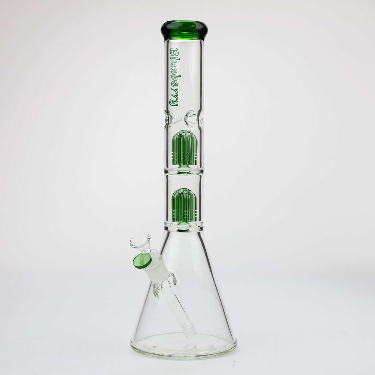 15 Inch Double Tree Perc Beaker Bong in Green from Blueberry Glass