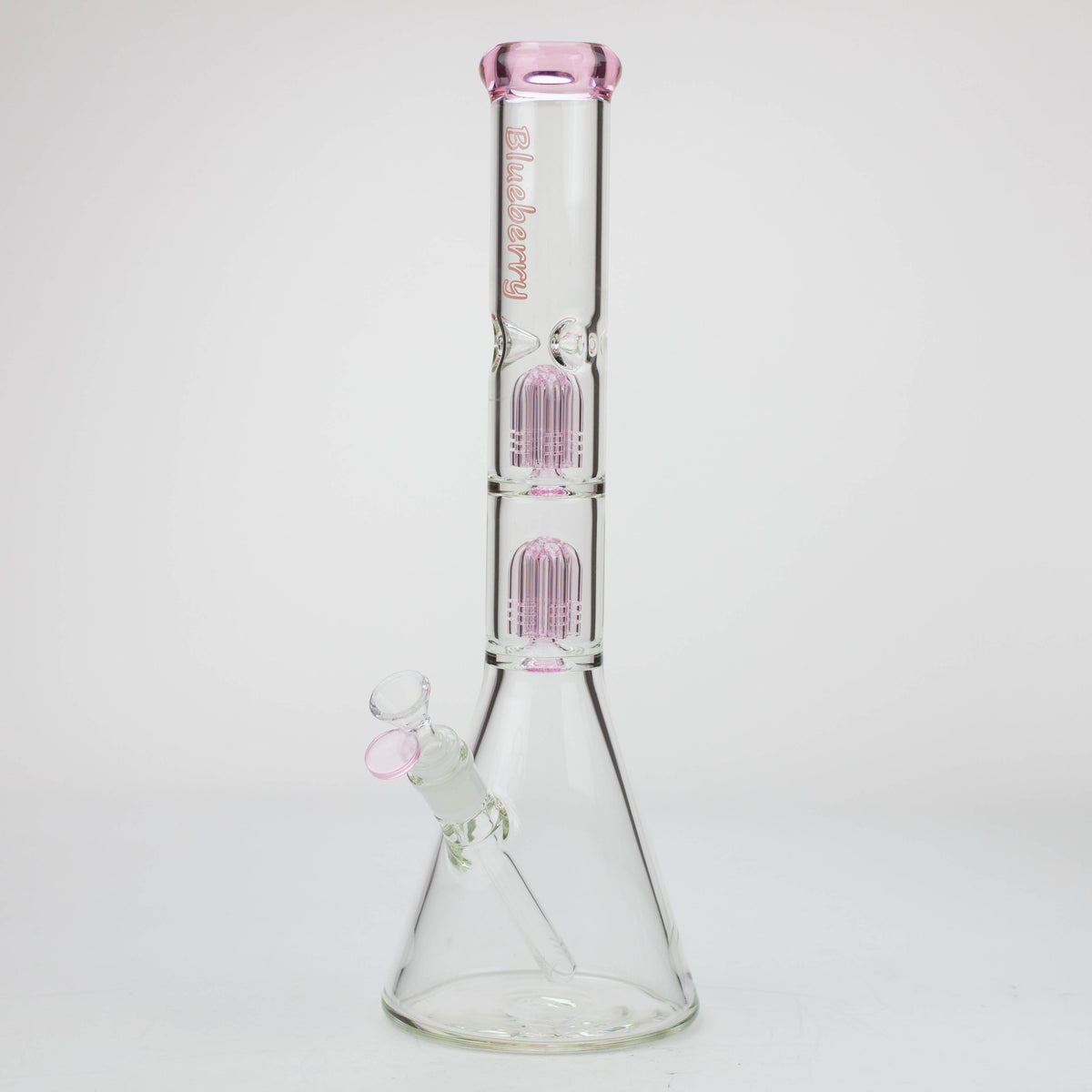 15 Inch Double Tree Perc Beaker Bong in Pink from Blueberry Glass