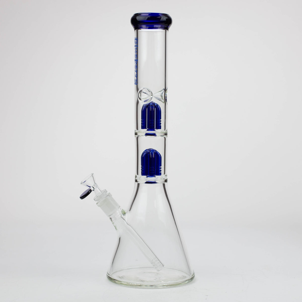 Side View of the 15 Inch Double Tree Perc Blue Beaker Bong from Blueberry Glass