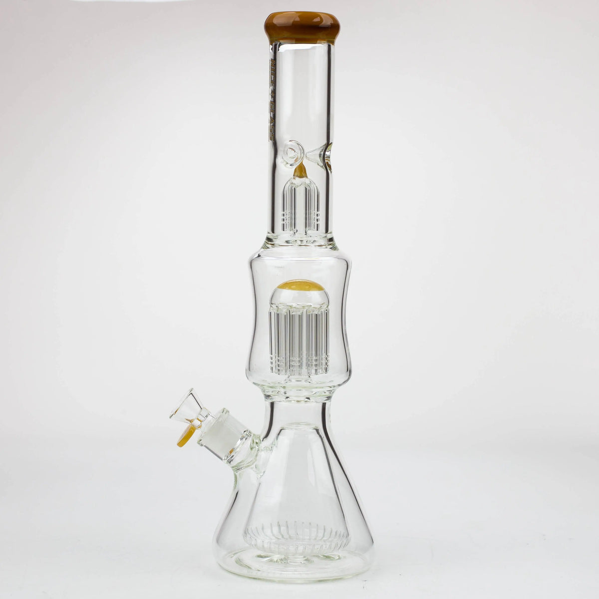 Side View of the yellow 17 Inch Cone to Double Tree Perc Beaker Bong by Nice Glass