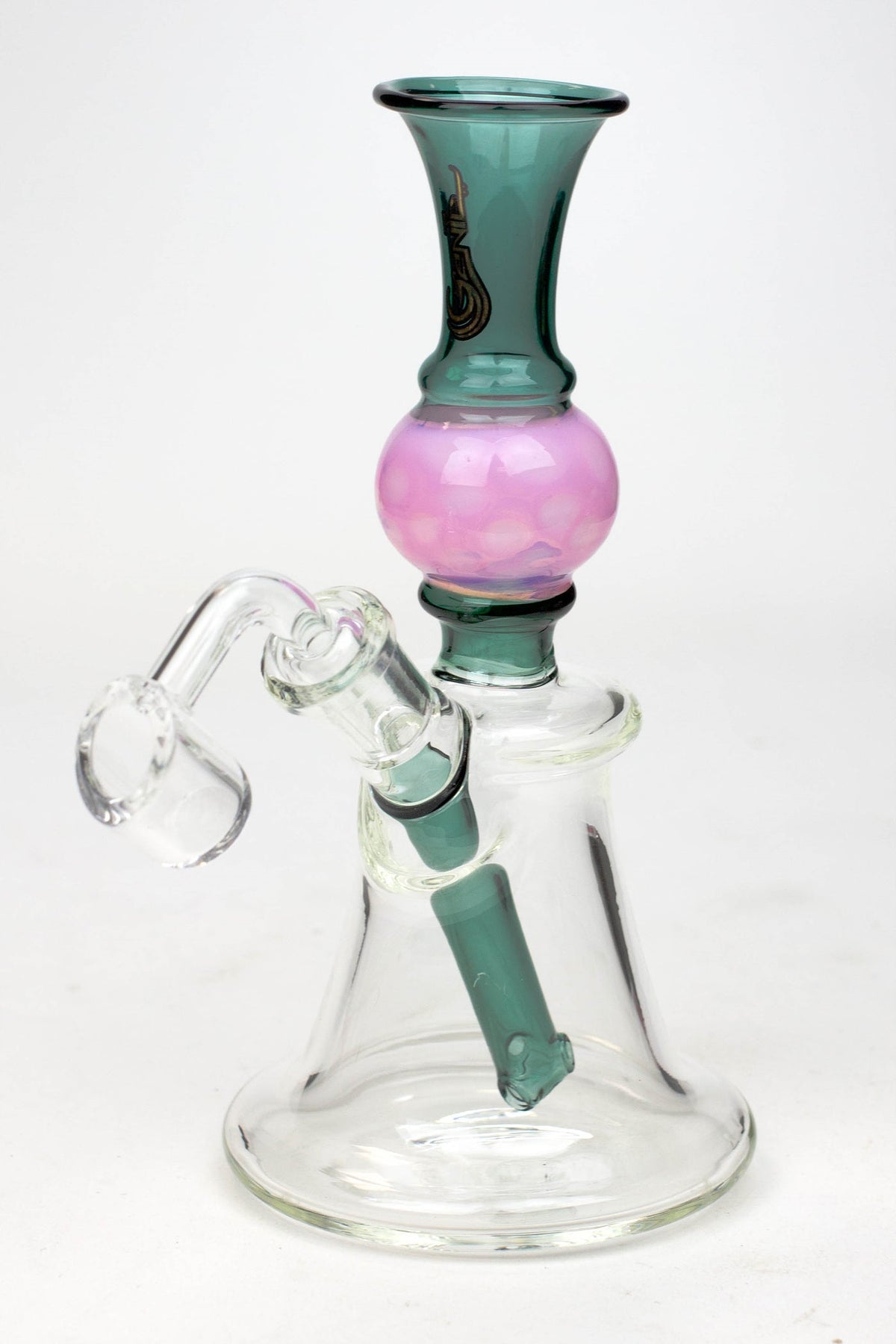 7" Genie Hand Bell Fixed Stem Dab Rig pink and green