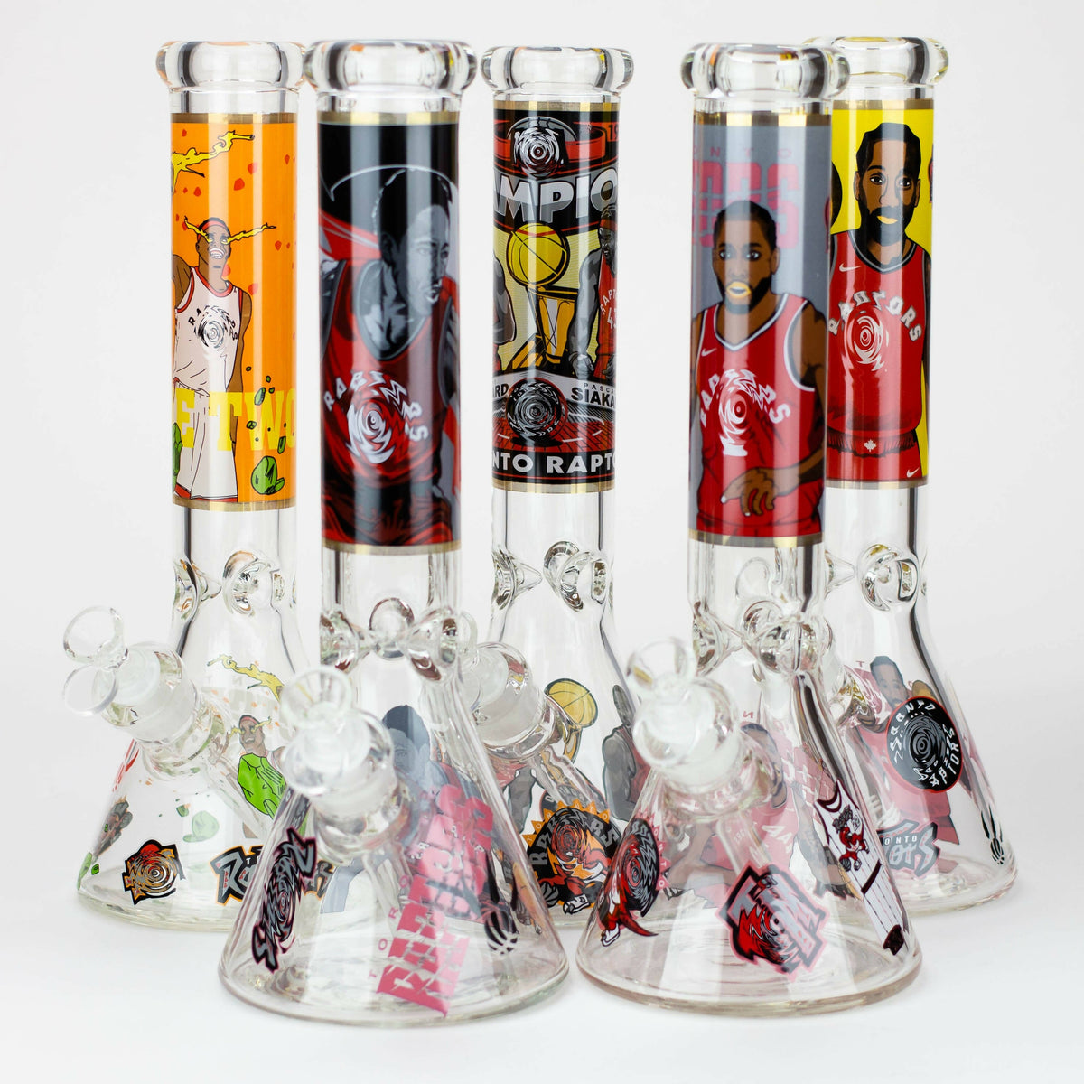 Five 14-Inch TO Champions Glass Water Bongs pictured side-by-side.