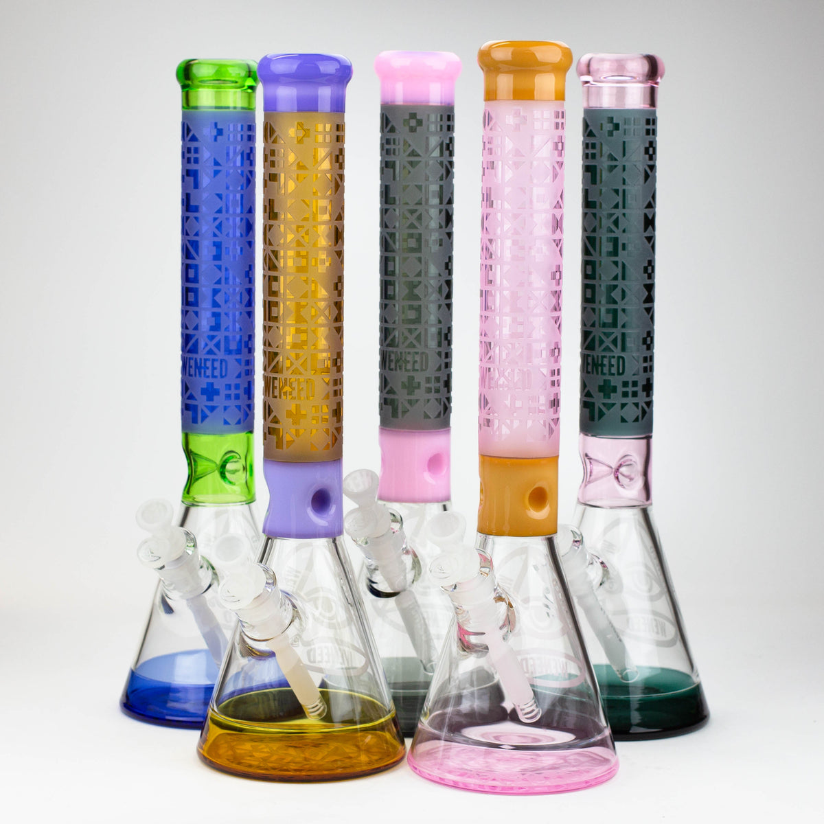 Five WENEED 18 inch Cipher Text Beaker Bongs