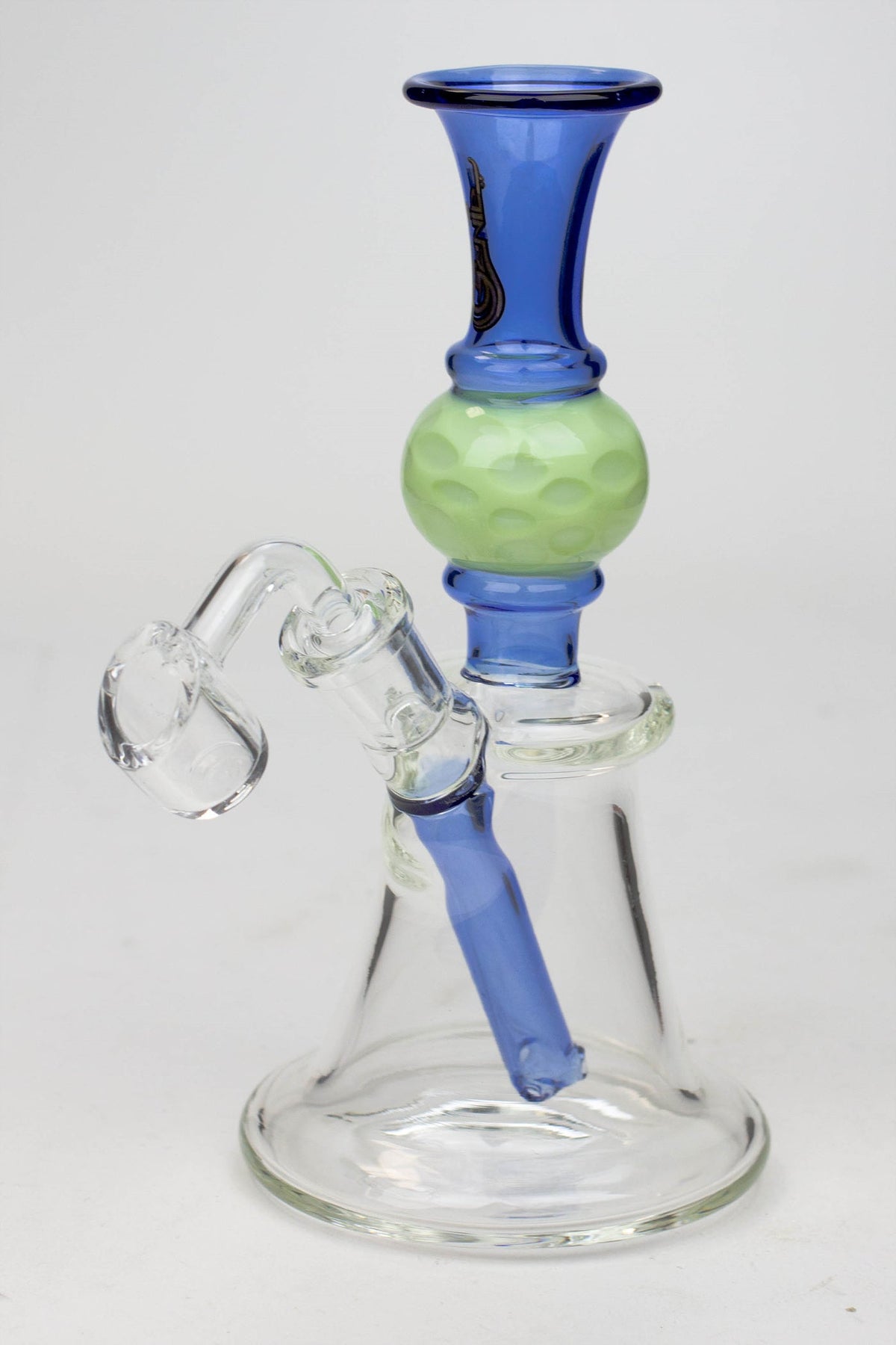 7" Genie Hand Bell Fixed Stem Dab Rig blue and green