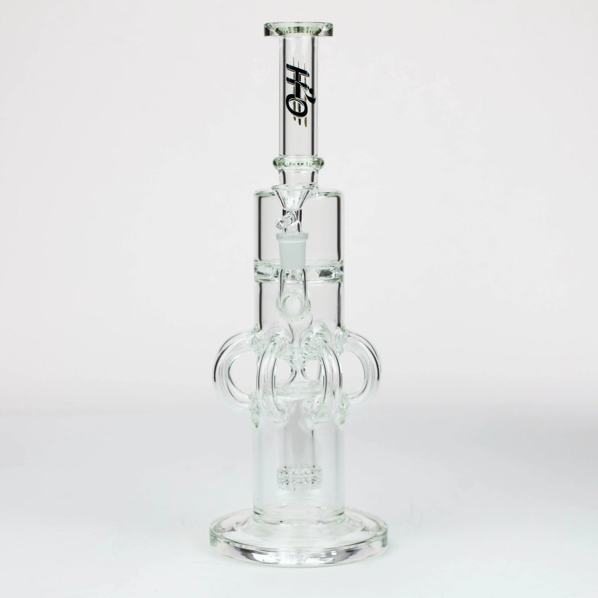 Front View of the H2O 15-Inch Cyclone Diffuser Recycler Bong with shower head percolator