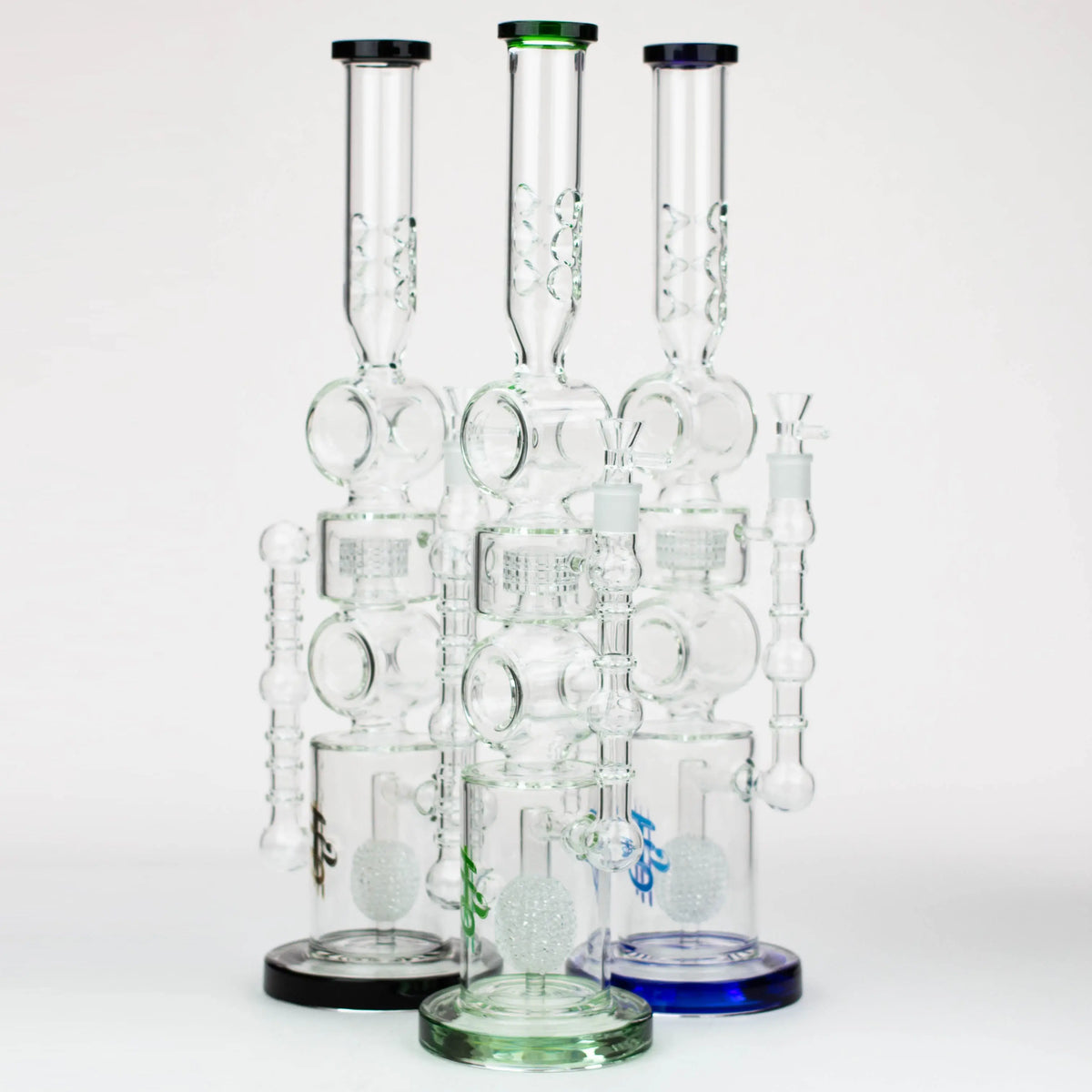 Three H2O 21-Inch Double Ring Recycler Bong with mushroom diffuser and drum diffuser