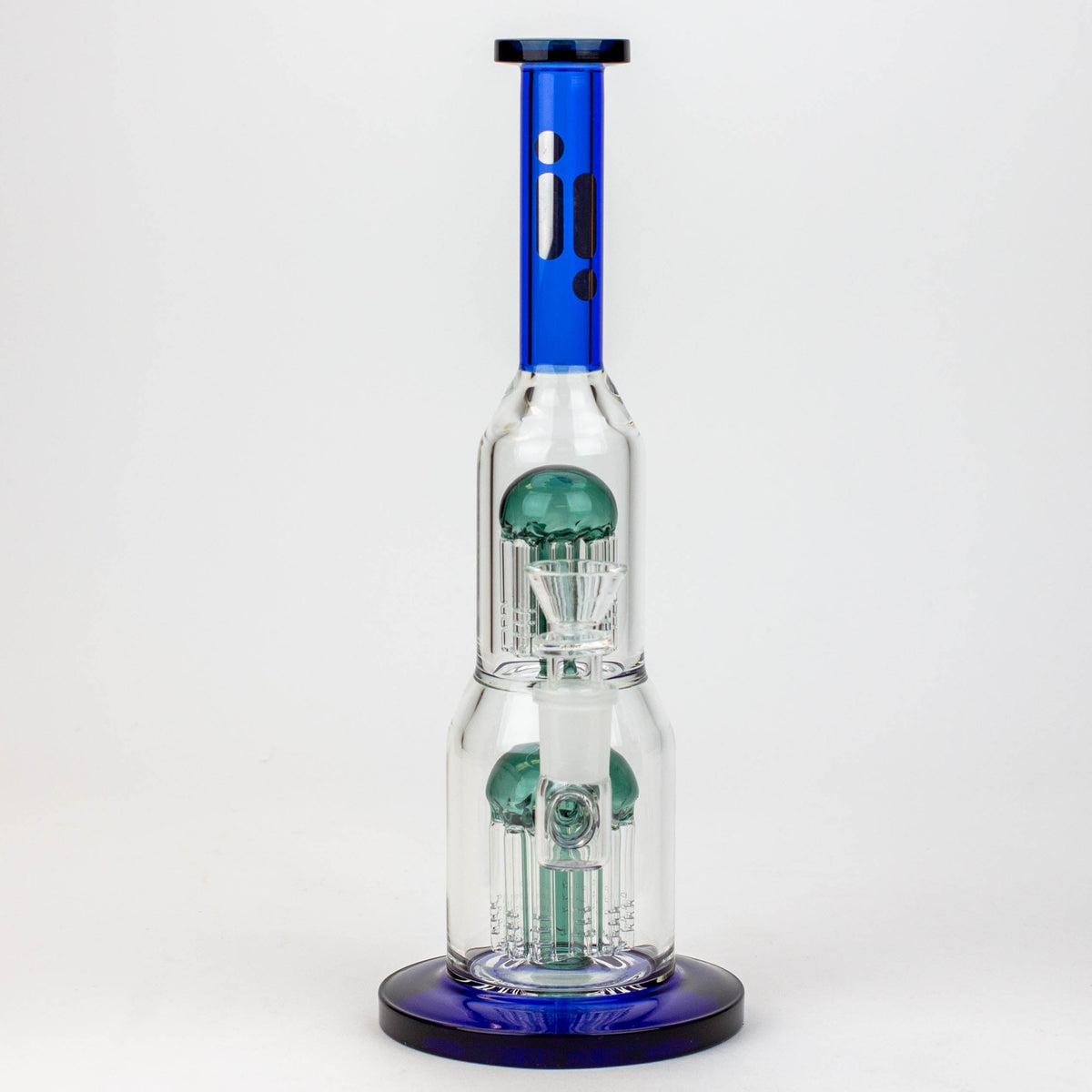 Front View of the Blue 11 inch Double Perc Glass Bubbler Bong from Infyniti