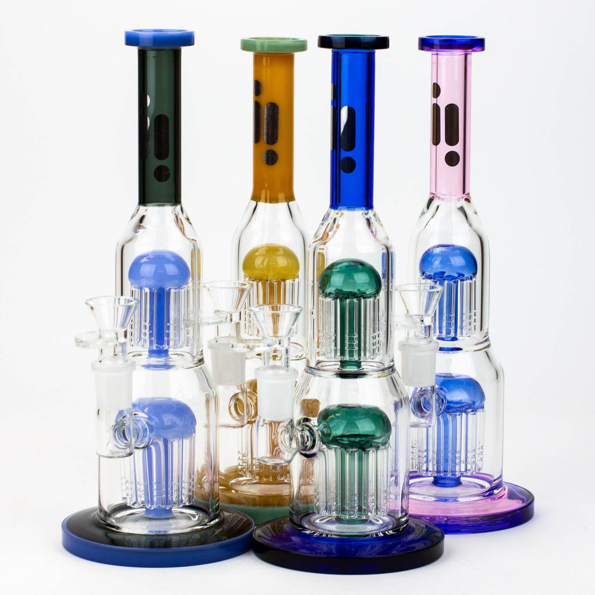 Four 11 inch Double Perc Glass Bubbler Bongs from Infyniti