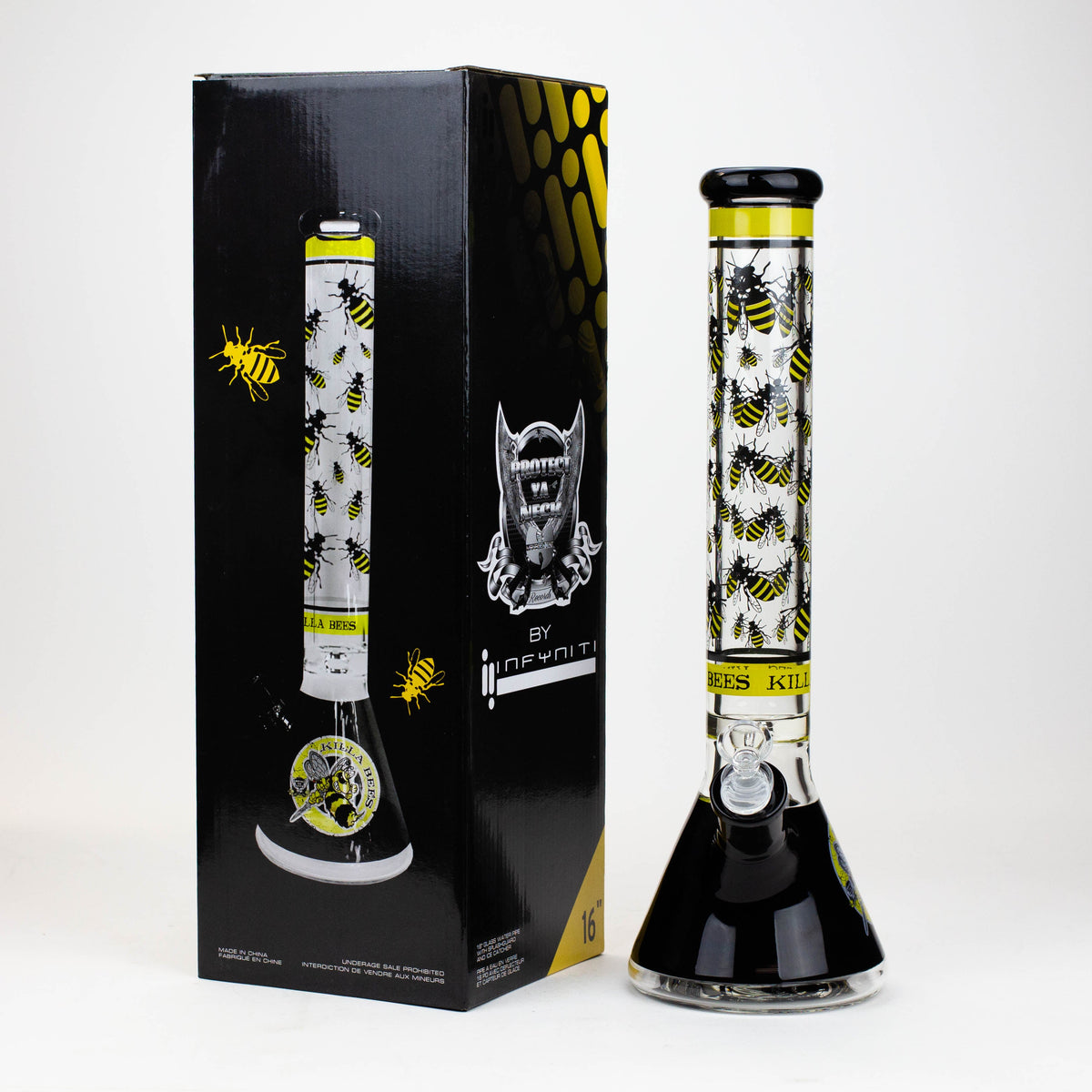 PROTECT YA NECK Packaging next to the 15.5 Inch Killa Bees Pyramid Beaker Bong by Infyniti